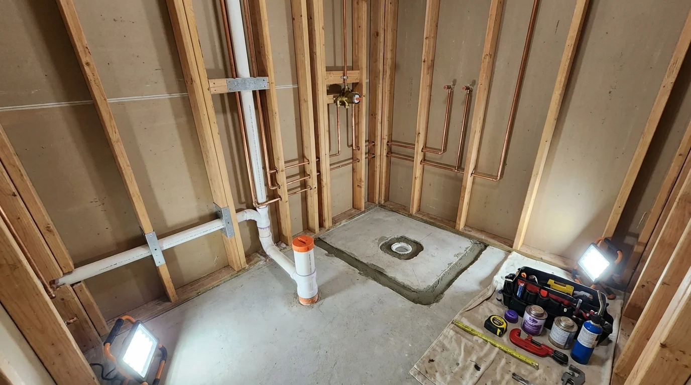 Bathroom rough-in plumbing during remodel by Johns Plumbing LLC in Sylvan Beach