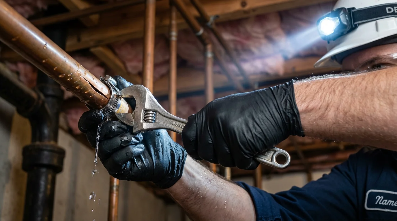Emergency pipe clamp repair being performed by a Johns Plumbing LLC plumber in Sylvan Beach
