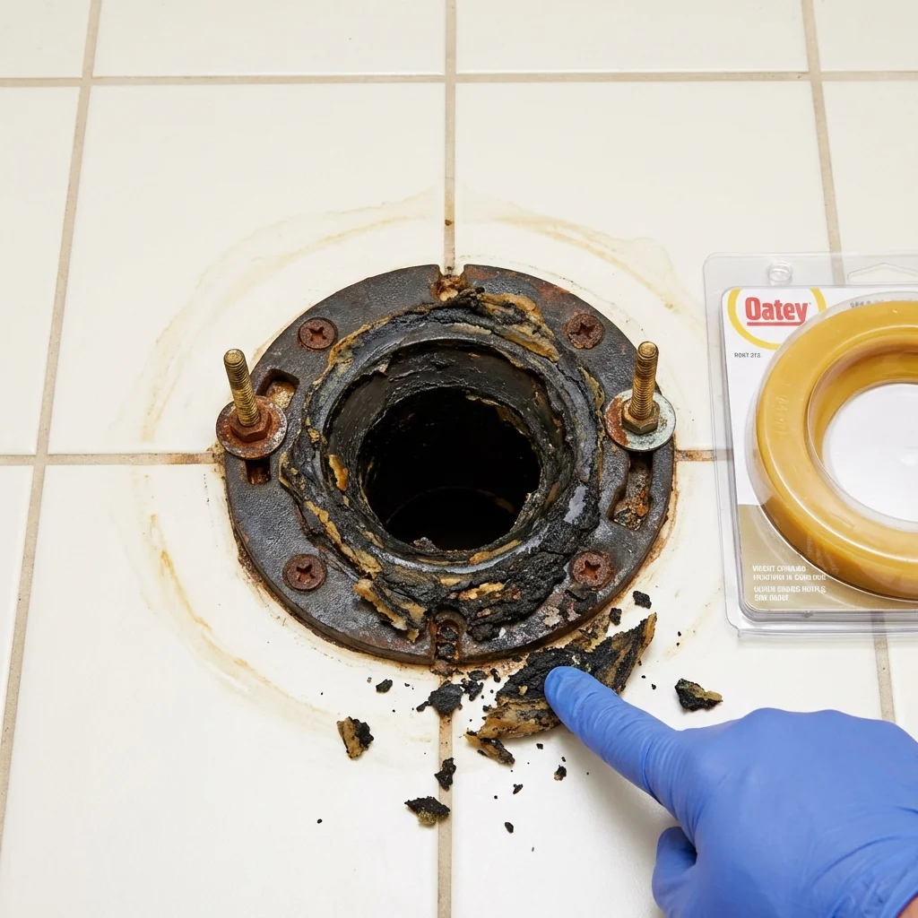 Failed wax ring showing water seepage at the base of a toilet in a Sylvan Beach, NY home