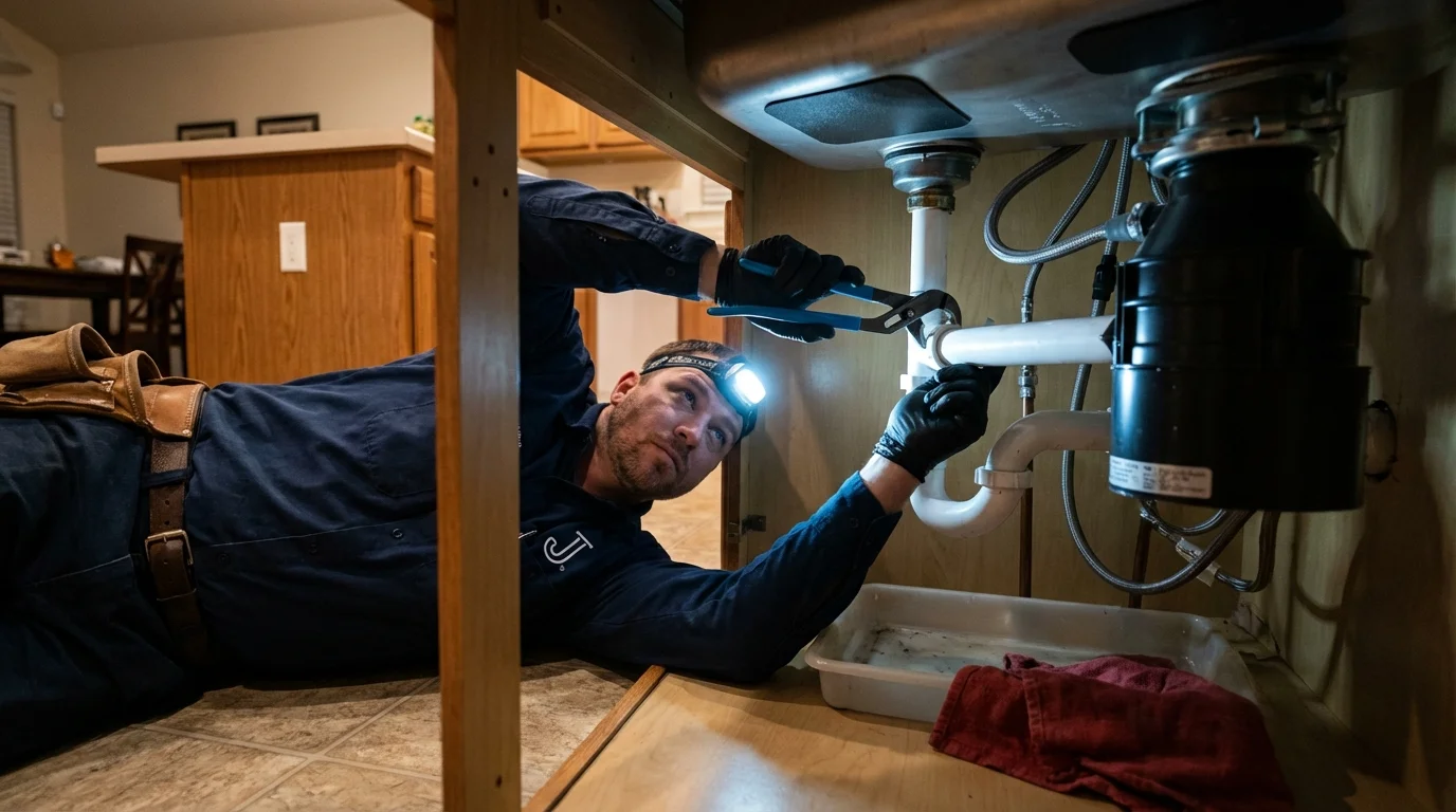 P-trap and supply line connections under a kitchen sink showing a common leak point in Sylvan Beach, NY